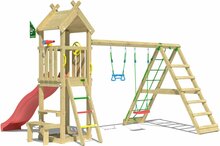 achteraanzicht van Houten Speeltoren Jungle Totem met Rode Glijbaan en Klimnet