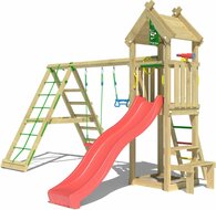 Houten Speeltoren Jungle Totem met Rode Glijbaan en Klimnet