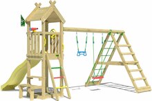 achteraanzicht op Houten Speeltoren Jungle Totem met Gele Glijbaan en Klimnet