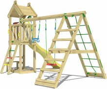 zijaanzicht op Houten Speeltoren Jungle Totem met Gele Glijbaan en Klimnet