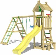 Houten Speeltoren Jungle Totem met Gele Glijbaan en Klimnet