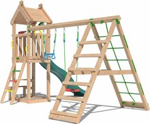 zijaanzicht van Douglas Houten Speeltoren Jungle Totem met Groene Glijbaan en Klimnet