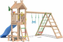 achteraanzicht van Douglas Houten Speeltoren Jungle Totem met Blauwe Glijbaan en Klimnet