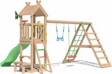 achteraanzicht van Douglas Houten Speeltoren Jungle Totem met Lichtgroene Glijbaan en Klimnet