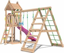 zijaanzicht van Douglas Houten Speeltoren Jungle Totem met Fuchsia Glijbaan en Klimnet