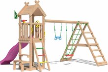 achteraanzicht van Douglas Houten Speeltoren Jungle Totem met Fuchsia Glijbaan en Klimnet