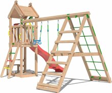 zijkant van Douglas Houten Speeltoren Jungle Totem met Rode Glijbaan en Klimnet