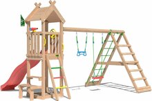achterkant van Douglas Houten Speeltoren Jungle Totem met Rode Glijbaan en Klimnet