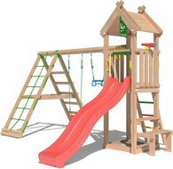 Douglas Houten Speeltoren Jungle Totem met Rode Glijbaan en Klimnet