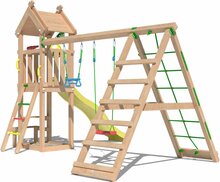 zijkant van Douglas Houten Speeltoren Jungle Totem met Gele Glijbaan en Klimnet