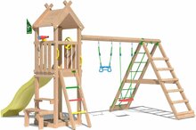 achterkant van Douglas Houten Speeltoren Jungle Totem met Gele Glijbaan en Klimnet