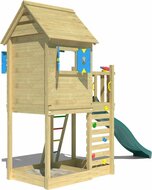 zijkant van Houten Speeltoren Jungle Oasis met Groene Glijbaan