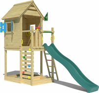 voorkant van Houten Speeltoren Jungle Oasis met Groene Glijbaan