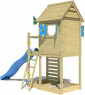 zijkant van Houten Speeltoren Jungle Oasis met Blauwe Glijbaan