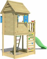 achterkant van Houten Speeltoren Jungle Oasis met Lichtgroene Glijbaan