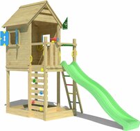 voorkant van Houten Speeltoren Jungle Oasis met Lichtgroene Glijbaan