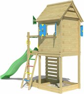 zijkant van Houten Speeltoren Jungle Oasis met Lichtgroene Glijbaan