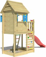 zijkant van Houten Speeltoren Jungle Oasis met Rode Glijbaan