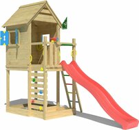 voorkant van Houten Speeltoren Jungle Oasis met Rode Glijbaan