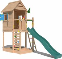 voorkant van Douglas Houten Speeltoren Jungle Oasis met Groene Glijbaan