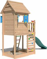 zijkant van Douglas Houten Speeltoren Jungle Oasis met Groene Glijbaan