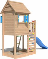 zijkant van Douglas Houten Speeltoren Jungle Oasis met Blauwe Glijbaan