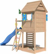 achterkant Douglas Houten Speeltoren Jungle Oasis met Blauwe Glijbaan