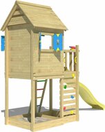 achterkant Houten Speeltoren Jungle Oasis met Gele Glijbaan