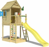 voorkant Houten Speeltoren Jungle Oasis met Gele Glijbaan