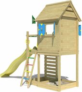 achterkant van Houten Speeltoren Jungle Oasis met Gele Glijbaan
