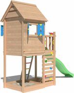 zijkant Douglas Houten Speeltoren Jungle Oasis met Lichtgroene Glijbaan