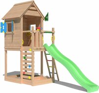 voorkant Douglas Houten Speeltoren Jungle Oasis met Lichtgroene Glijbaan