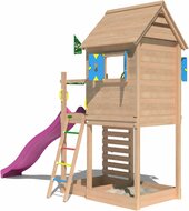 achterkant Douglas Houten Speeltoren Jungle Oasis met Fuchsia Glijbaan