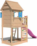zijkant Douglas Houten Speeltoren Jungle Oasis met Fuchsia Glijbaan