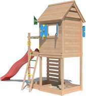 achterkant van Douglas Houten Speeltoren Jungle Oasis met Rode Glijbaan