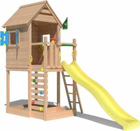 voorkant van Douglas Houten Speeltoren Jungle Oasis met Gele Glijbaan