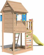 zijkant van Douglas Houten Speeltoren Jungle Oasis met Gele Glijbaan