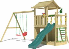 Houten Speeltoren Jungle Cavern met Groene Glijbaan en Dubbele Schommel