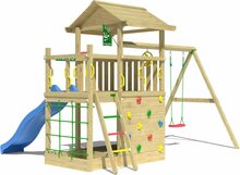 achterkant Houten Speeltoren Jungle Cavern met Blauwe Glijbaan en Dubbele Schommel