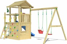 zijkant van Houten Speeltoren Jungle Cavern met Blauwe Glijbaan en Dubbele Schommel