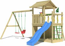 Houten Speeltoren Jungle Cavern met Blauwe Glijbaan en Dubbele Schommel