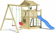 voorkant Houten Speeltoren Jungle Cavern met Blauwe Glijbaan en Dubbele Schommel