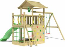 achterkant Houten Speeltoren Jungle Cavern met Lichtgroene Glijbaan en Dubbele Schommel