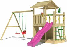 Houten Speeltoren Jungle Cavern met Fuchsia Glijbaan en Dubbele Schommel