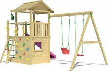 zijkant Houten Speeltoren Jungle Cavern met Fuchsia Glijbaan en Dubbele Schommel