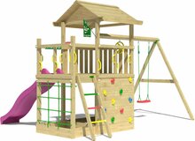 achterkant Houten Speeltoren Jungle Cavern met Fuchsia Glijbaan en Dubbele Schommel