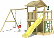 Houten Speeltoren Jungle Cavern met Gele Glijbaan en Dubbele Schommel