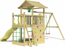 achterkant Houten Speeltoren Jungle Cavern met Gele Glijbaan en Dubbele Schommel