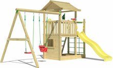 voorkant Houten Speeltoren Jungle Cavern met Gele Glijbaan en Dubbele Schommel
