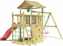 achterkant Houten Speeltoren Jungle Cavern met Rode Glijbaan en Dubbele Schommel